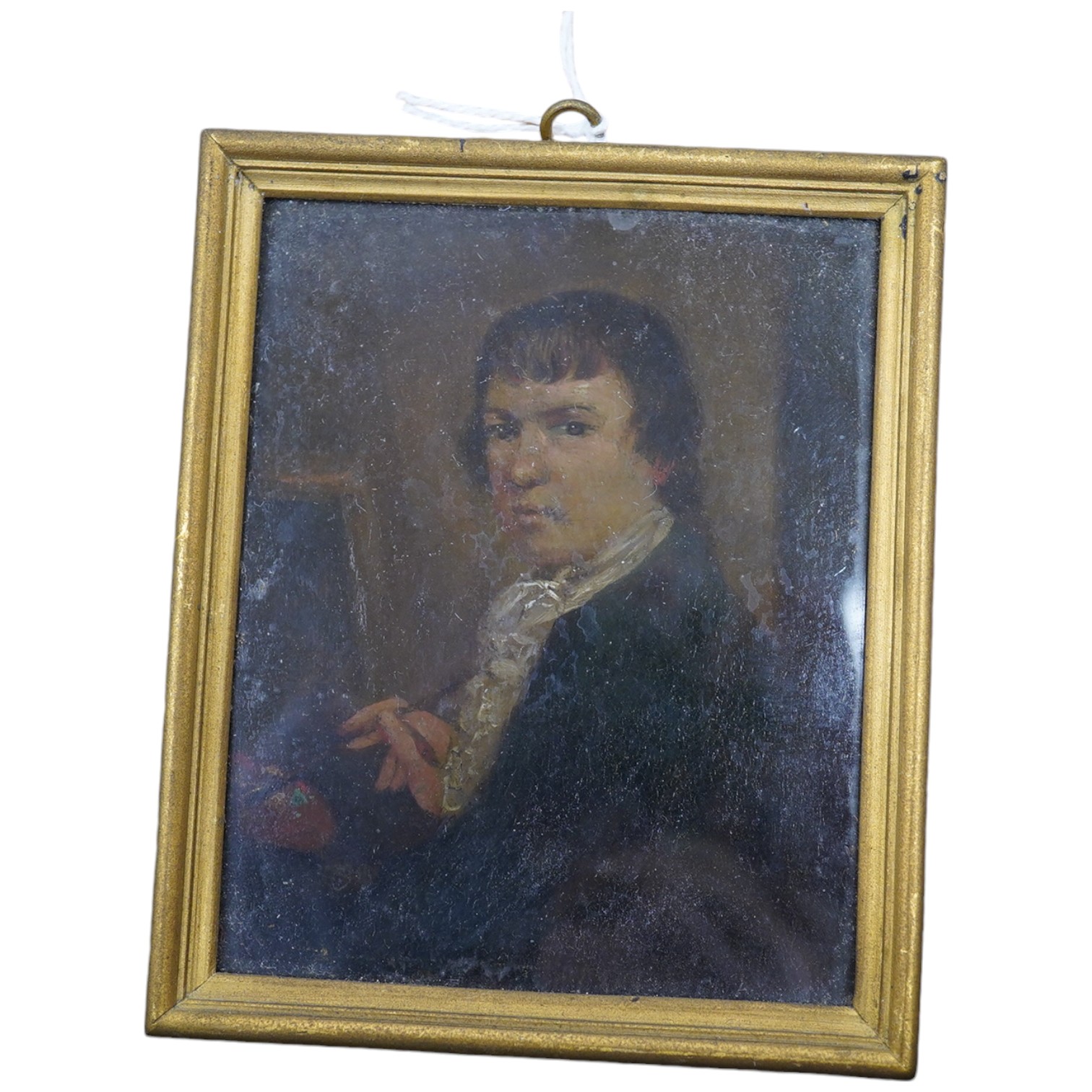 A late 19th / early 20th century, oil on copper, Portrait miniature of George Morland (1763-1804), Ernest Salaman inscribed collection label verso, 8 x 6cm. Condition - fair